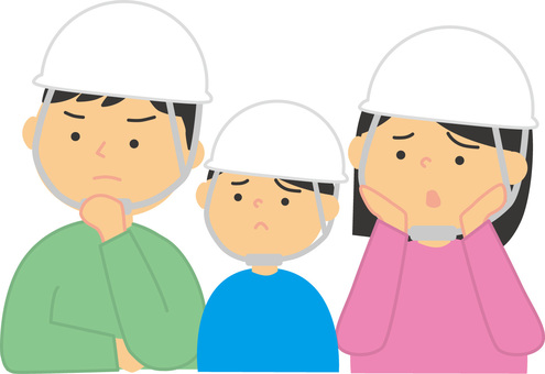 Family wearing a helmet (disaster prevention), helmet, disaster prevention, disaster, JPG and EPS