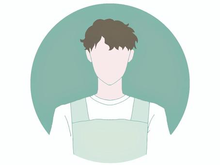 エプロン　男性　アイコン 男性,エプロン,くせ毛,短髪,グリーン,顔なし,丸枠,正面,一人,バストアップのイラスト素材