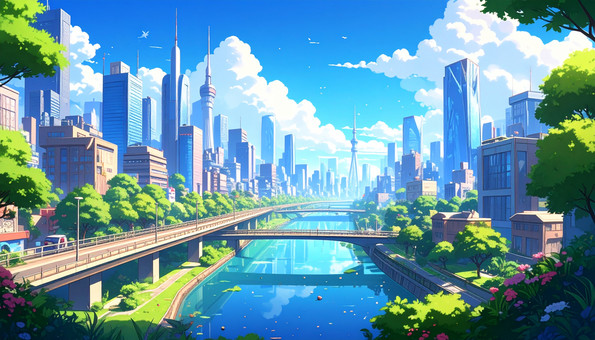 高層ビル街と運河