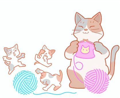 毛糸と猫 編み物をする親猫 毛糸と猫 編み物をする親猫 毛糸,猫,親子,編む,丸い,遊ぶ,三毛,ピンク,水色,暖かいのイラスト素材