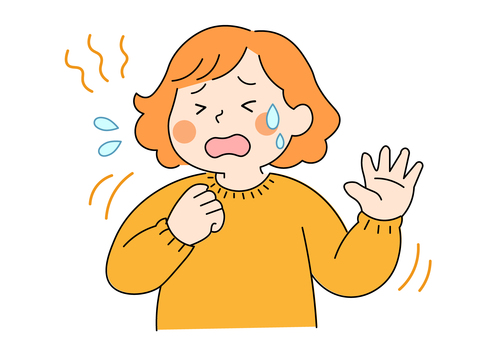 ニットを着て暑がる女性 女性,暑い,汗,季節の変わり目,体調管理,更年期,服装,冬,春,体温調節のイラスト素材