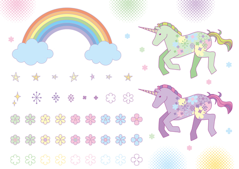 ユニコーン素材 ユニコーン,一角獣,花,星,虹,雲,メルヘン,パステル,ゆるふわ,馬のイラスト素材
