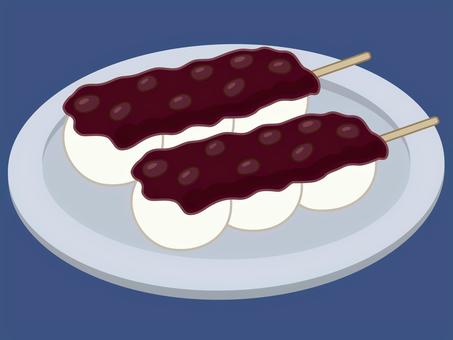 グレーの皿に載ったつぶあん串団子　背景青 串だんご,餡子,団子,つぶあん,餅,串刺し,餡,和菓子,串刺し団子,月見団子のイラスト素材