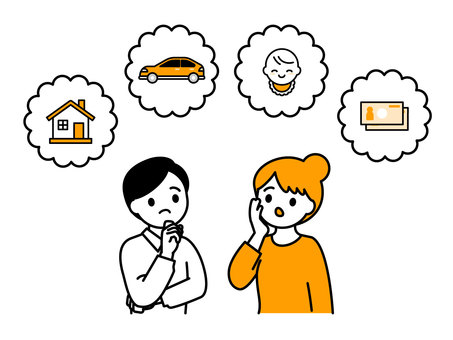 ライフプランを考える夫婦・男女01 人物,男性,女性,夫婦,家族,世帯,考える,思案,不安,ライフプランのイラスト素材