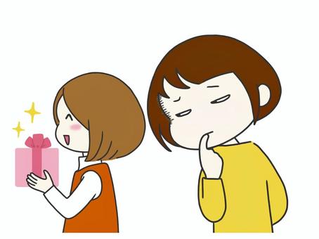 プレゼントを貰った人が羨ましい人 プレゼント,リボン,羨ましい,うらやむ,女性,女の人,若い,羨ましがる,ジト目,いいなぁのイラスト素材