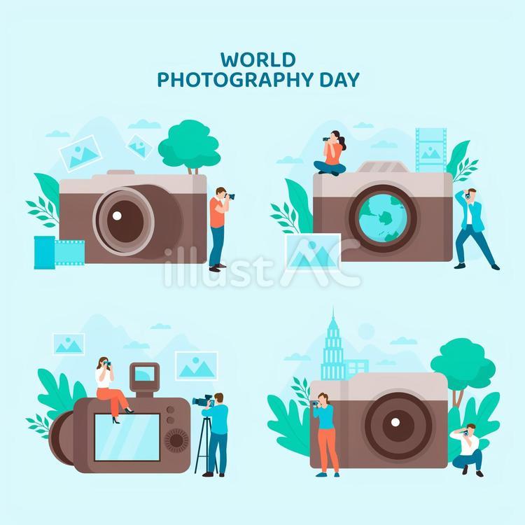 世界写真の日セット（カメラと小さい人物） 世界写真の日,カメラマン,カメラのイラスト素材