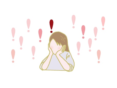 びっくりマークに囲まれた女性 びっくりマーク,複数,囲む,女性,ピンク色,頬杖,バストアップ,顔なし,ひらめく,気付くのイラスト素材