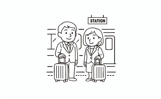 駅のホームで電車を待っている会社員 人物,会社員,男性,女性,キャリーケース,電車,駅,ホーム,出張,旅行のイラスト素材