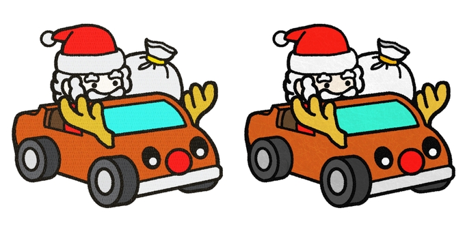 ワッペン風と貼り絵風のサンタクロースと車 クリスマス,サンタクロース,自動車,トナカイ,車,乗り物,赤鼻,オープンカー,サンタ,クリスマスプレゼントのイラスト素材