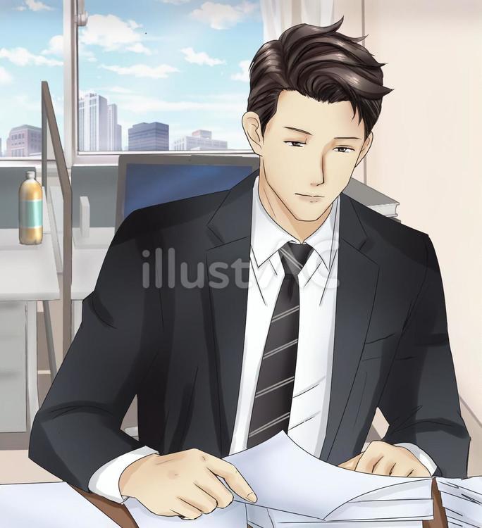 仕事中の男性（オフィス背景有） 男性,会社員,サラリーマンのイラスト素材