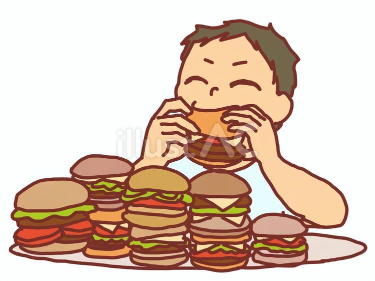 バーガーを大量に食べるイラスト(大食漢 人物,男性,過食のイラスト素材