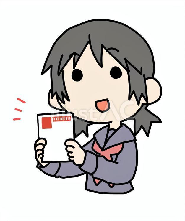 はがきを持つ笑顔の少女 女性,笑顔,上半身のイラスト素材