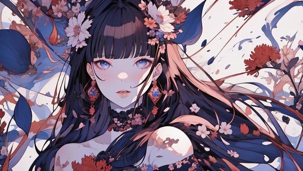 花と女性 黒髪 花と女性 黒髪 女性,アニメ,花のイラスト素材
