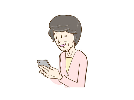 Illustration, smartphone, vieille femme, tiré à la main, 