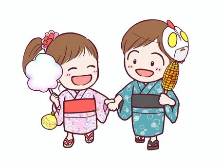 浴衣を着てお祭りを楽しむ仲良しふたり 子ども,浴衣,祭り,夏祭り,縁日,わたあめ,ヨーヨー,焼きとうもろこし,お面のイラスト素材