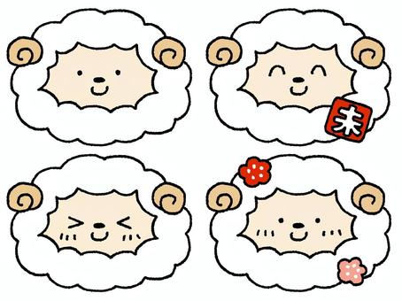 かわいい表情の羊のお正月セット 干支,未,正月,新年,年賀状,迎春,季節,手描き,イラスト,素材のイラスト素材