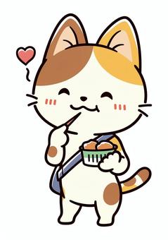 美味しそうに揚げ物を食べる可愛い三毛猫 食べ歩き,旅行,観光,おでかけ,食べ物,食べる,観光客,ご当地グルメ,ハート,嬉しいのイラスト素材