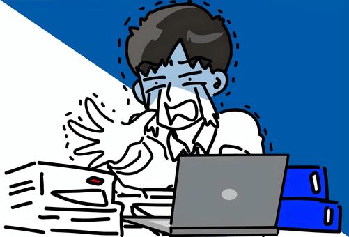 深夜残業の激務に泣き出す若いビジネスマン 山積み,ビジネスマン,男性,パワハラ,忙しい,多忙,書類,混乱,激務,締切のイラスト素材