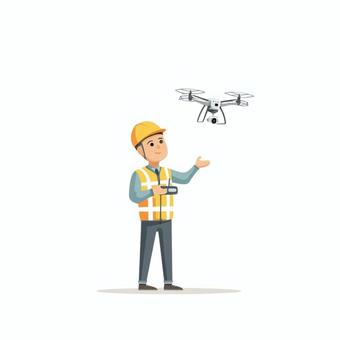 ドローン撮影する工事現場作業員