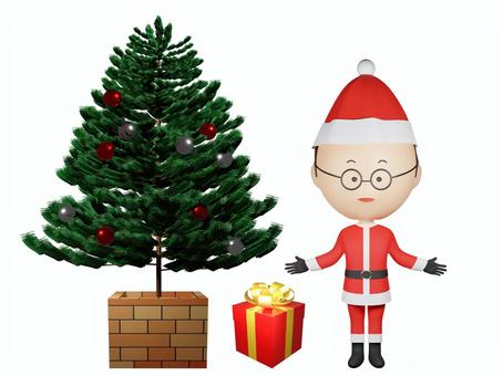 サンタおじさんとクリスマスツリーとギフト おじさん,サンタ,中年,男性,喜び,サンタクロース,サンタ帽子,プレゼントボックス,プレゼント,箱のイラスト素材