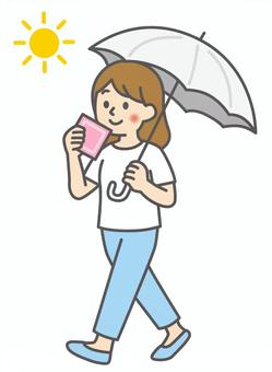 日傘で熱中症対策をする女性　1 日傘,紫外線対策,熱中症,熱中症対策,暑い,夏,猛暑,対策,予防,熱中症予防のイラスト素材