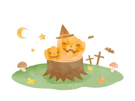 ジャックオランタンと風景イラスト ハロウィン,秋,かわいい,カボチャ,ジャックオランタン,草原,食べ物,風景,切り株,月のイラスト素材