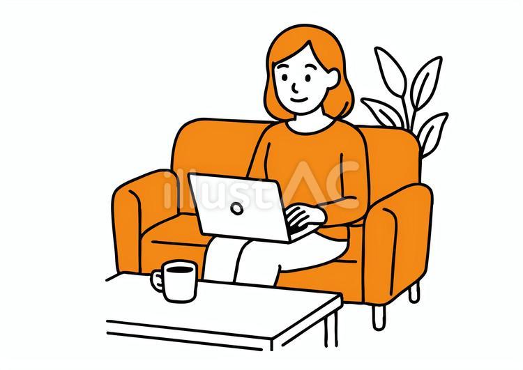 ソファでノートパソコン作業をする女性 在宅ワーク,リモートワーク,検索のイラスト素材