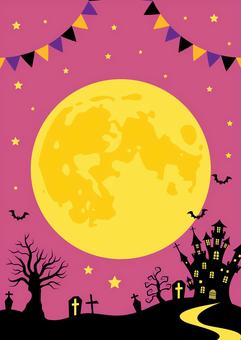 Halloween2584 月,旗,星,お城,夜,木,コウモリ,ガーランド,紫,かわいいのイラスト素材