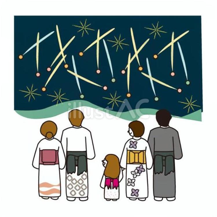 打ち上げ花火を見上げる浴衣のカップルとファミリーの後ろ姿 花火大会,夏祭り,イベントのイラスト素材