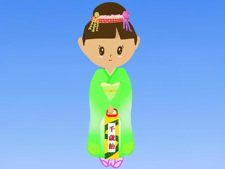 七五三 七五三,千歳飴,着物,和風,かんざし,和服,黄緑,女の子,草履のイラスト素材
