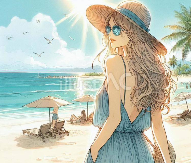 夏の浜辺の美少女 少女,金髪,ロングヘアーのイラスト素材