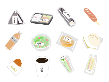 手描き風のコンビニフードセット 手描き,シンプル,食べ物,コンビニ,コーヒー,テイクアウト,野菜スティック,昼食,パン,おにぎりのイラスト素材