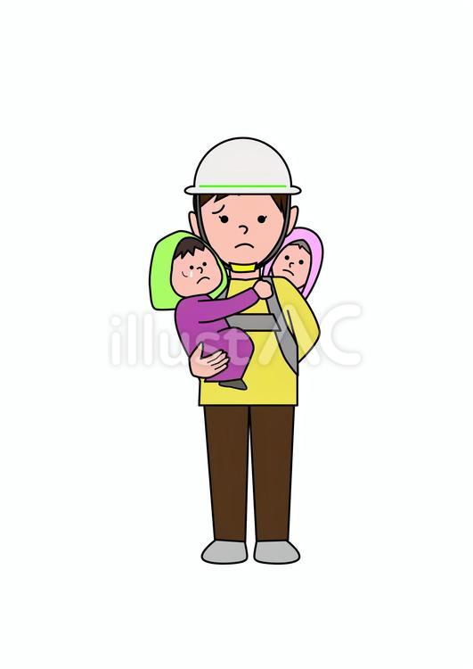 子どもを抱えて避難する人【お母さん】 避難,逃げる,防災のイラスト素材