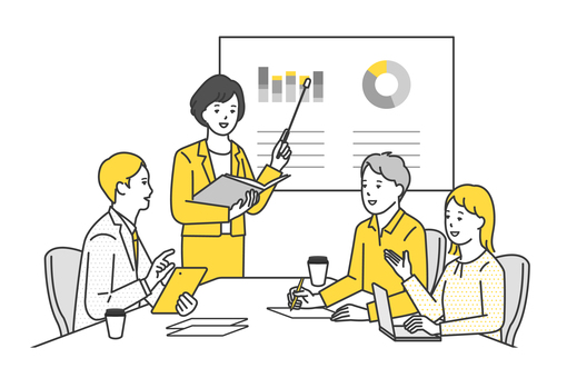 打ち合わせするビジネスパーソンのイラスト ビジネスパーソン,ビジネスマン,ビジネスウーマン,ミーティング,会議,打ち合わせ,ホワイトボード,プレゼンテーション,研修,説明のイラスト素材