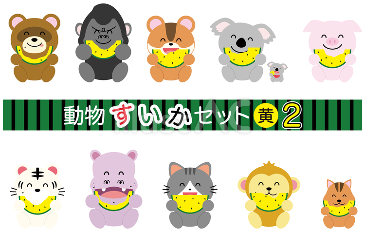 スイカを食べる動物たち２ スイカ,動物,夏のイラスト素材