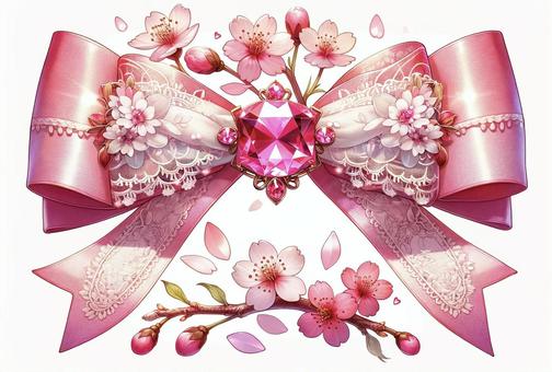 Cute pink ribbon with cherry blossoms and jewels, cherry blossoms, gem, pink, JPG