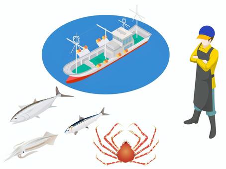 箱庭　漁業 一次産業,水産,魚,漁船,船,漁師,立体,アイソメトリック,俯瞰図,斜め上のイラスト素材
