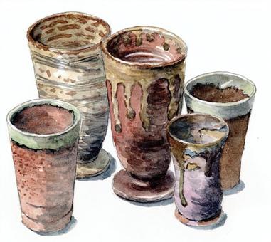 Illustration, cup, pottery, five, 