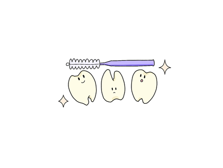 虫歯予防のイラスト　歯と歯間ブラシ顔あり 歯,歯間ブラシ,虫歯予防デー,4月,6月,11月,口腔衛生,むし歯,歯周病,歯槽膿漏のイラスト素材