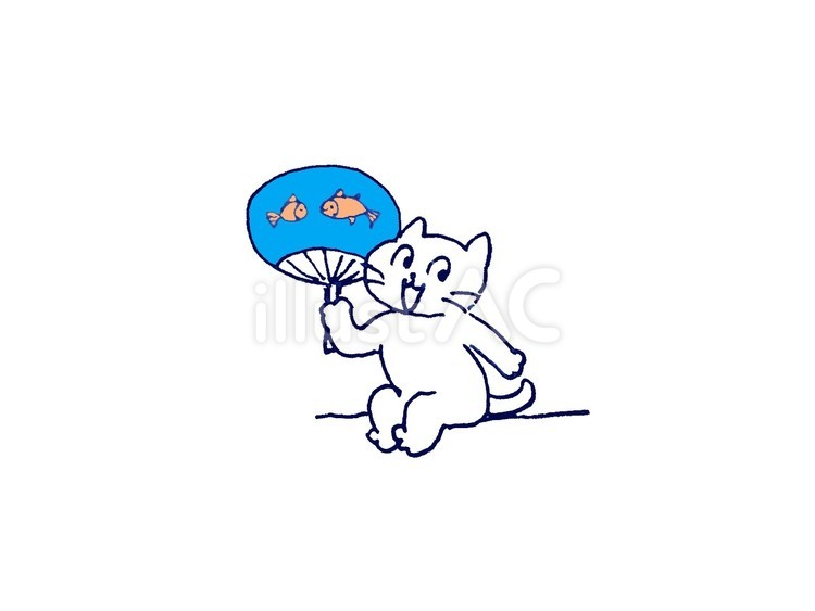 夏、笑顔でうちわを持って涼しそうな猫さん 夏,暑い,うちわのイラスト素材