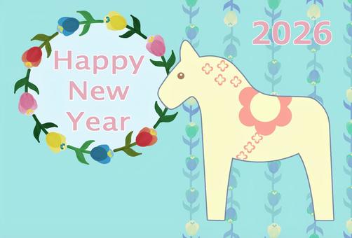 優しい色合い　午年年賀状 年賀状,午年,午,優しい,パステルカラー,白馬,英語表記,ハッピーニューイヤー,花柄,水色のイラスト素材