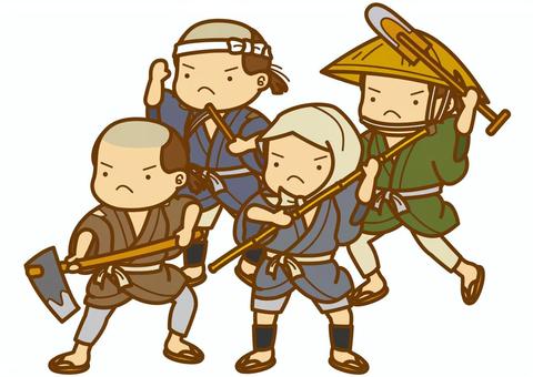 百姓一揆-4c 百姓一揆,農民一揆,一揆,農民,百姓,騒動,江戸,時代劇,鍬,鎌のイラスト素材