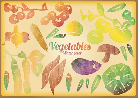 L-0147 デザイン：野菜水彩 野菜,水彩,きゅうり,なす,オクラ,かぼちゃ,しいたけのイラスト素材