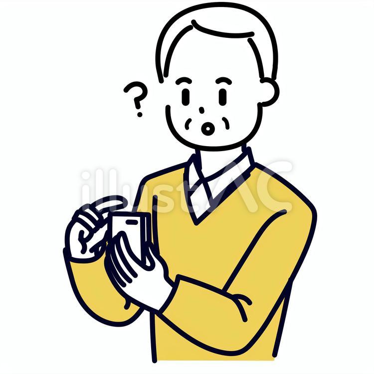 スマホを操作しながら疑問を感じた男性 疑問,謎,はてなマークのイラスト素材