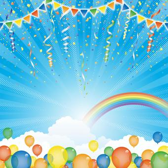 紙吹雪59 紙吹雪,リボン,風船,旗,虹,雲,空,背景,飾り,パーティーのイラスト素材