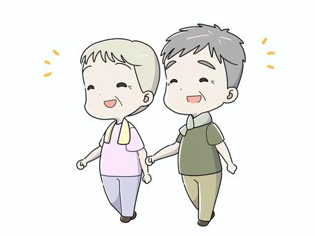 ウォーキングするおじさんとおばさん ウォーキング,散歩,健康,体力,加齢,夫婦,おじさん,おばさん,挿絵,イラストのイラスト素材