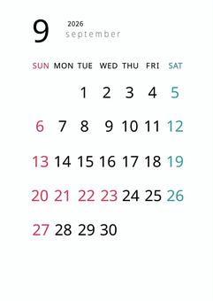 2026年9月カレンダー_縦長 2026年9月カレンダー_縦長 カレンダー,2026,令和8年,9月,スケジュール,2026年,月間カレンダー,2026年カレンダー,日曜始まり,シンプルのイラスト素材