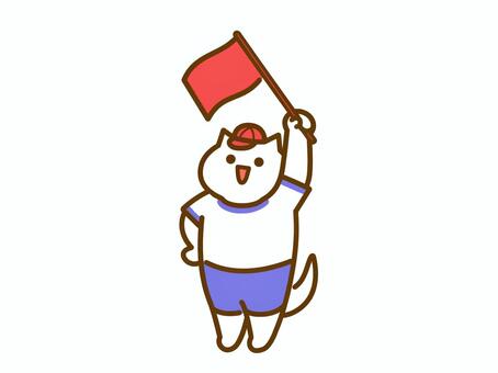 赤い旗を持って応援する赤帽子のねこ4 猫,応援,旗,運動会,体育祭,笑顔,帽子,ゆるい,手描き,かわいいのイラスト素材
