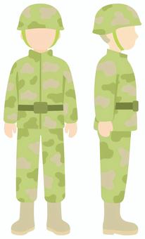 迷彩服（緑）正面・側面 迷彩服,ヘルメット,上着,ズボン,ブーツ,ベルト,自衛官,自衛隊,サバイバルゲーム,サバゲーのイラスト素材