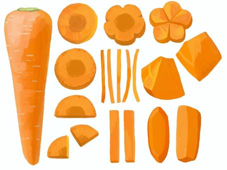 リアルすぎないにんじんセット 食べ物,野菜,にんじん,輪切り,半月切り,シャトー切り,いちょう切り,乱切り,短冊切り,拍子切りのイラスト素材